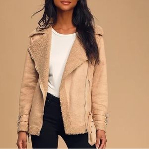 NWT Lulu’s Latte Me Up Tan Suede Shearling Moto Jacket